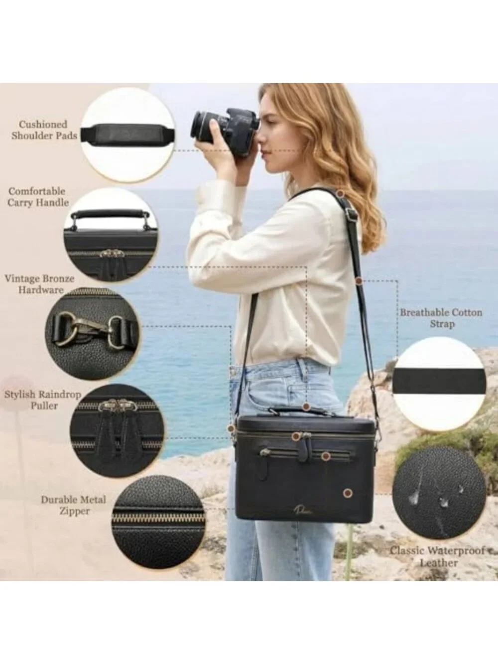 Waterproof Crossbody Camera Sling Bag, PU Leather Shoulder Case for